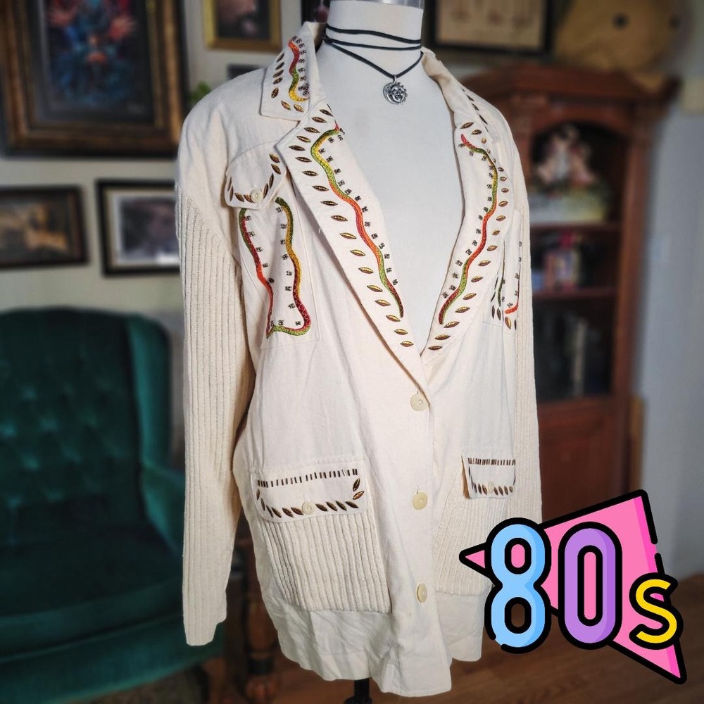IB Diffusion Cardigan Jacket Vintage‎ 90s Boho Western Embroidered Silk Large